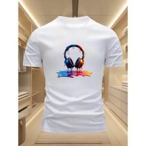 Tricou bărbătesc cu mânecă scurtă și guler rotund, cu imprimeu creativ cu căști, stil casual, top confortabil și relaxat