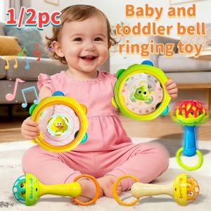 Jucărie drăguță cu clopoțel, tobă și mâner manual, jucărie educativă pentru copii mici care îmbunătățește abilitățile motorii și de prindere, promovează dezvoltarea vizuală și auditivă, jucărie durabilă în culori mixte pentru bebeluși, cadou de Anul Nou 2026 pentru dezvoltarea abilităților motorii